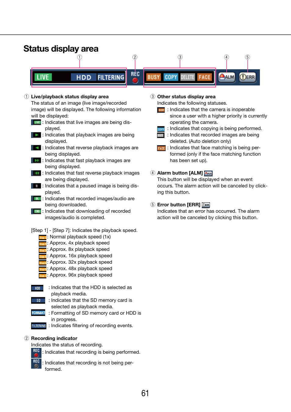 Status display area, 60 61 status display area | Panasonic WJ-NV200 - User Manual | Page 61 / 97