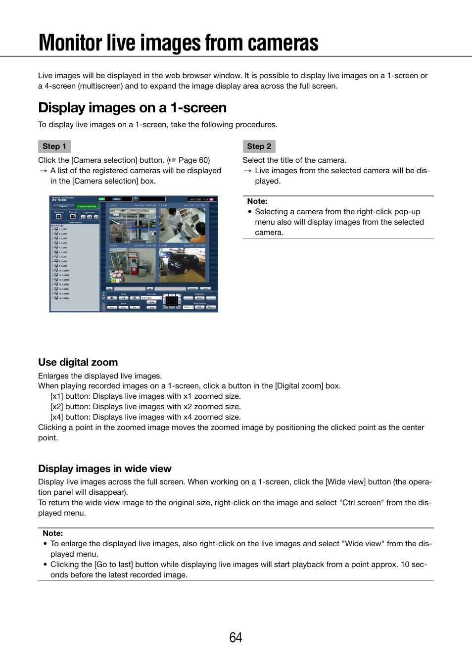 Monitor live images from cameras, Display images on a 1-screen | Panasonic WJ-NV200 - User Manual | Page 64 / 97