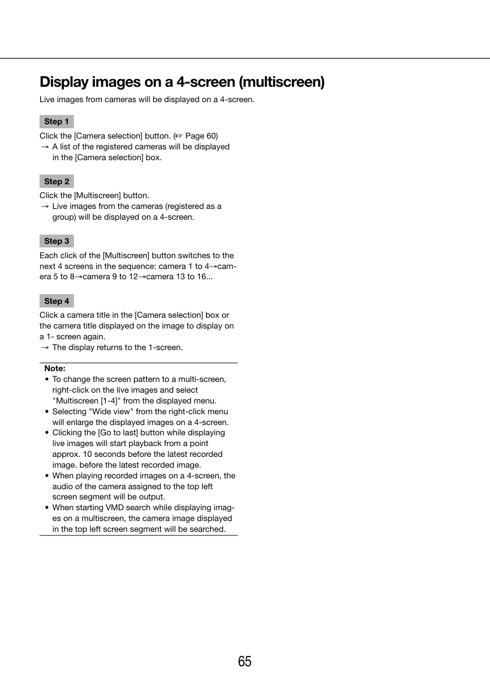 Display images on a 4-screen (multiscreen) | Panasonic WJ-NV200 - User Manual | Page 65 / 97