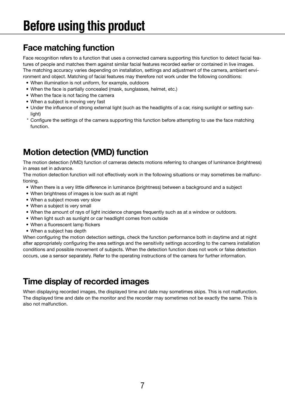 Before using this product, Face matching function, Motion detection (vmd) function | Time display of recorded images | Panasonic WJ-NV200 - User Manual | Page 7 / 97