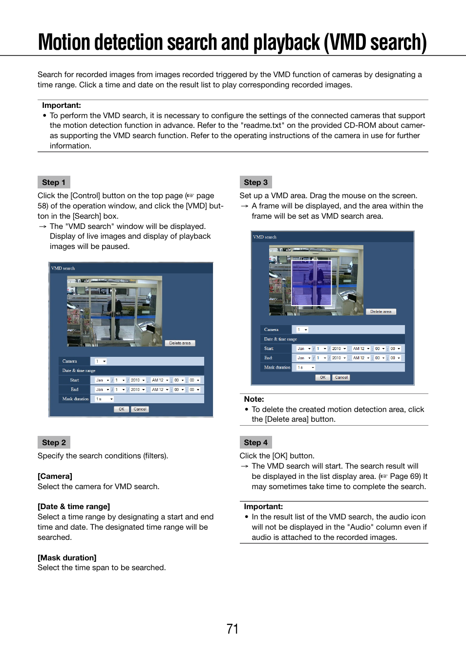 Motion detection search and playback (vmd search) | Panasonic WJ-NV200 - User Manual | Page 71 / 97