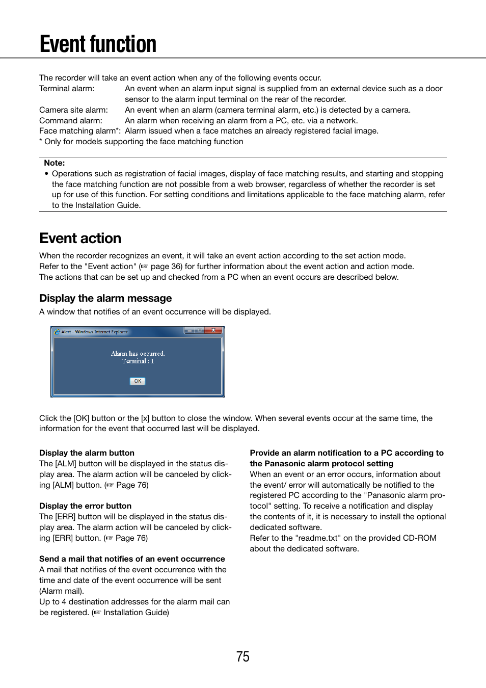 Event function, Event action | Panasonic WJ-NV200 - User Manual | Page 75 / 97