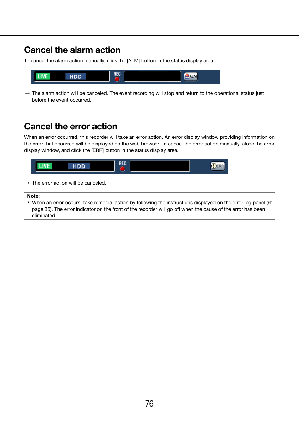 Cancel the alarm action, Cancel the error action, 76 77 cancel the alarm action | Panasonic WJ-NV200 - User Manual | Page 76 / 97