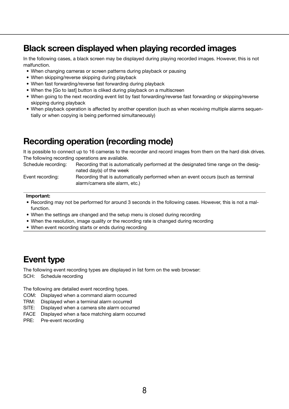 Recording operation (recording mode), Event type | Panasonic WJ-NV200 - User Manual | Page 8 / 97