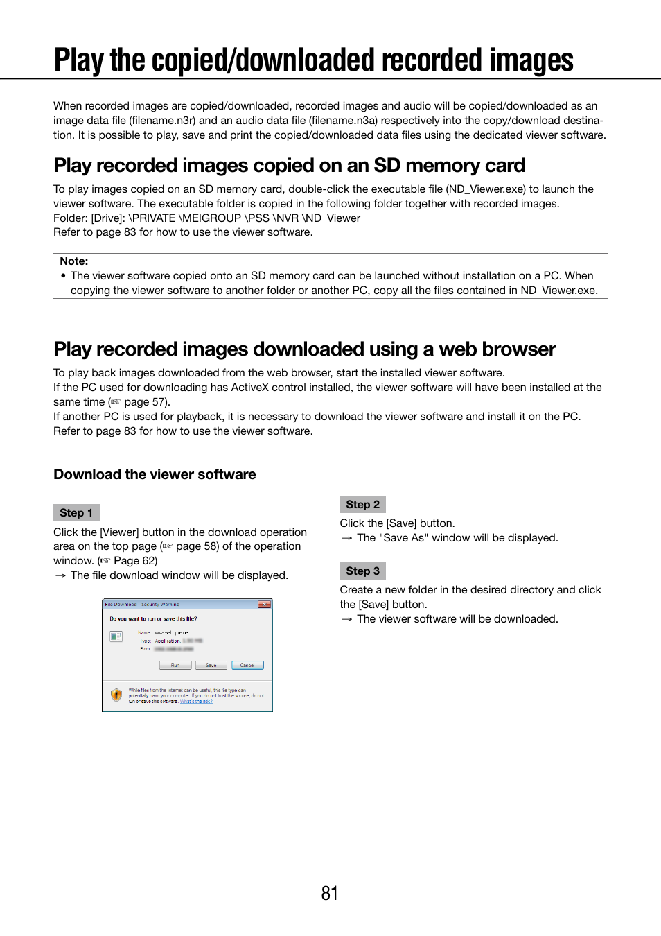 Play the copied/downloaded recorded images, Play recorded images copied on an sd memory card | Panasonic WJ-NV200 - User Manual | Page 81 / 97
