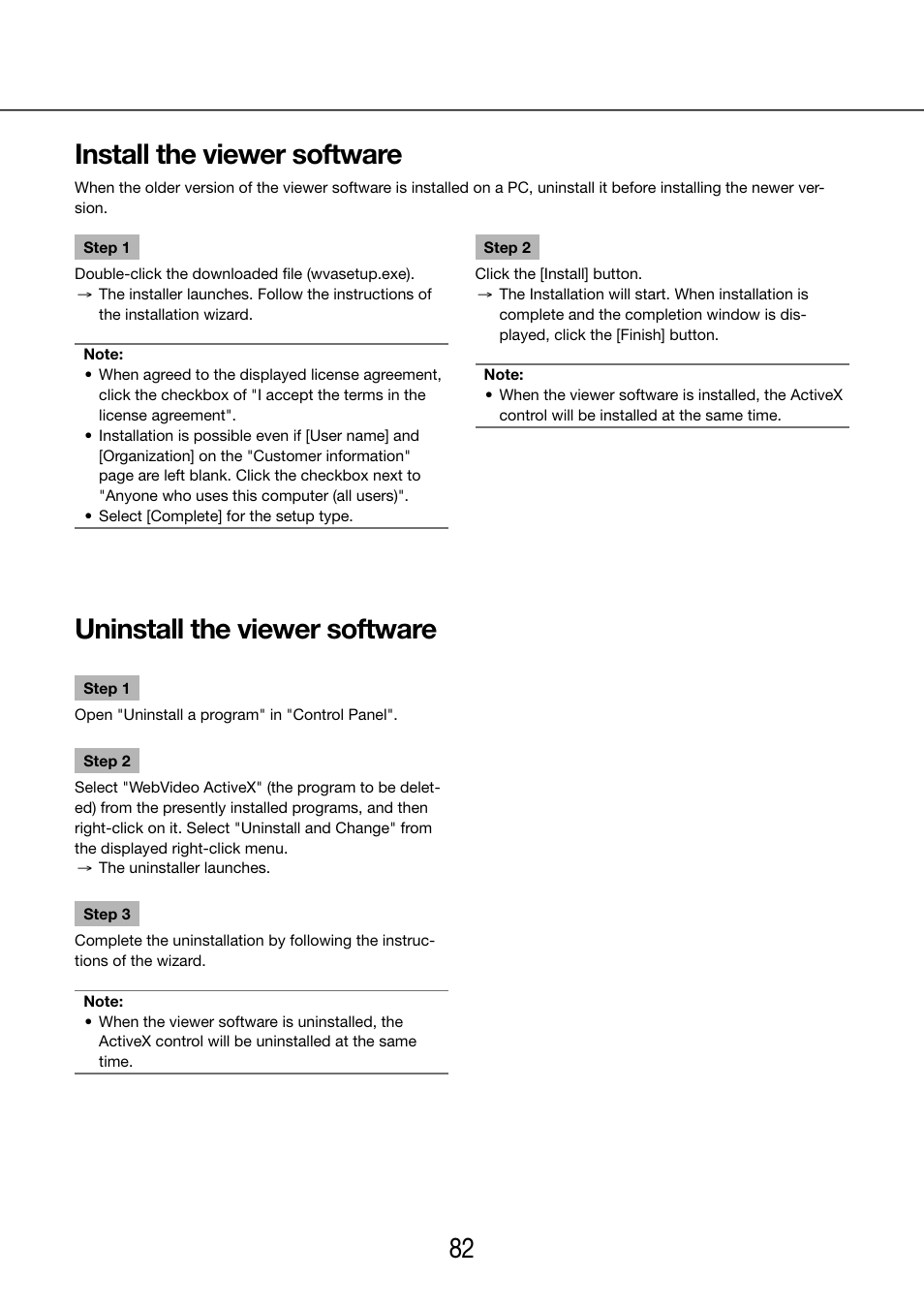 Install the viewer software, Uninstall the viewer software, 82 83 install the viewer software | Panasonic WJ-NV200 - User Manual | Page 82 / 97
