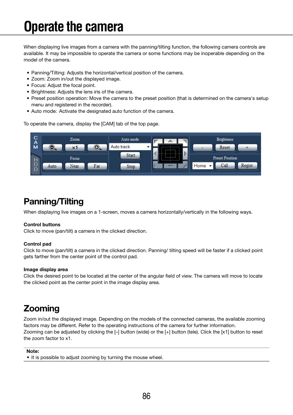 Operate the camera, Panning/tilting, Zooming | Panasonic WJ-NV200 - User Manual | Page 86 / 97