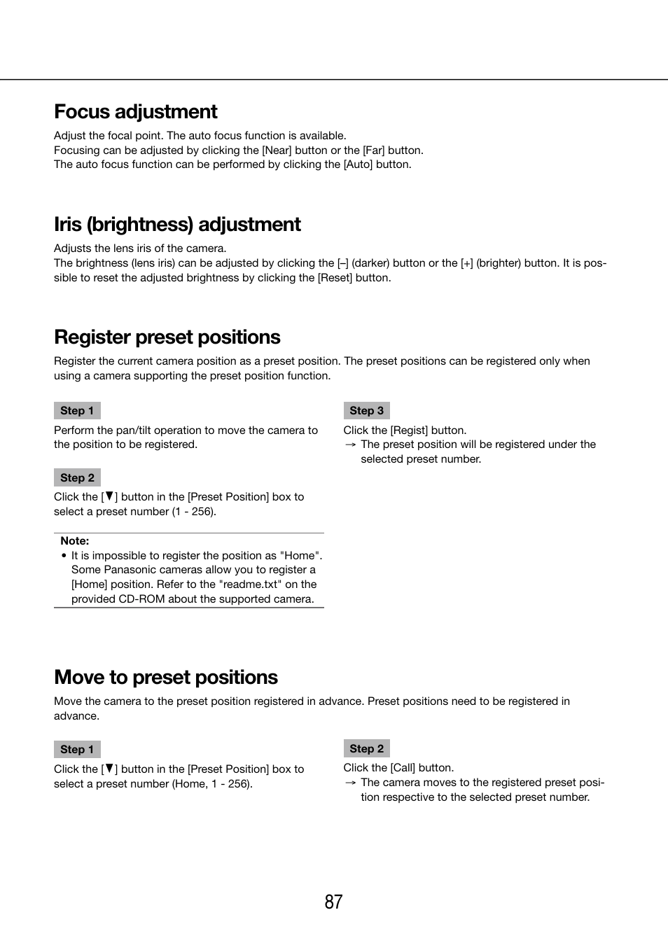 Focus adjustment, Iris (brightness) adjustment, Register preset positions | Move to preset positions, 86 87 focus adjustment | Panasonic WJ-NV200 - User Manual | Page 87 / 97