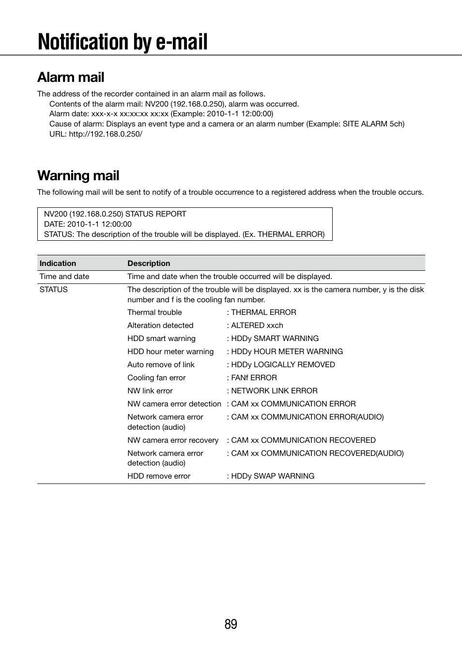 Notification by e-mail, Alarm mail, Warning mail | Panasonic WJ-NV200 - User Manual | Page 89 / 97