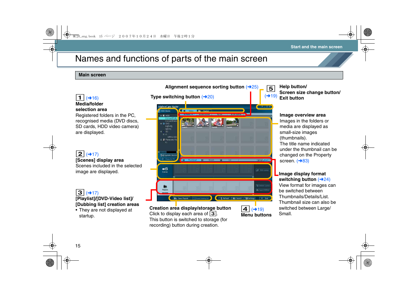 Names and functions of parts of the main screen | Panasonic VideoCam Suite 1.0 User Manual | Page 15 / 95