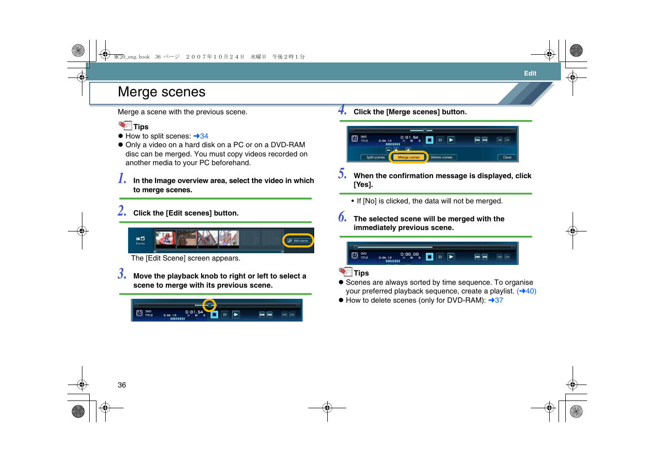 Merge scenes, L36), And delete | Panasonic VideoCam Suite 1.0 User Manual | Page 36 / 95