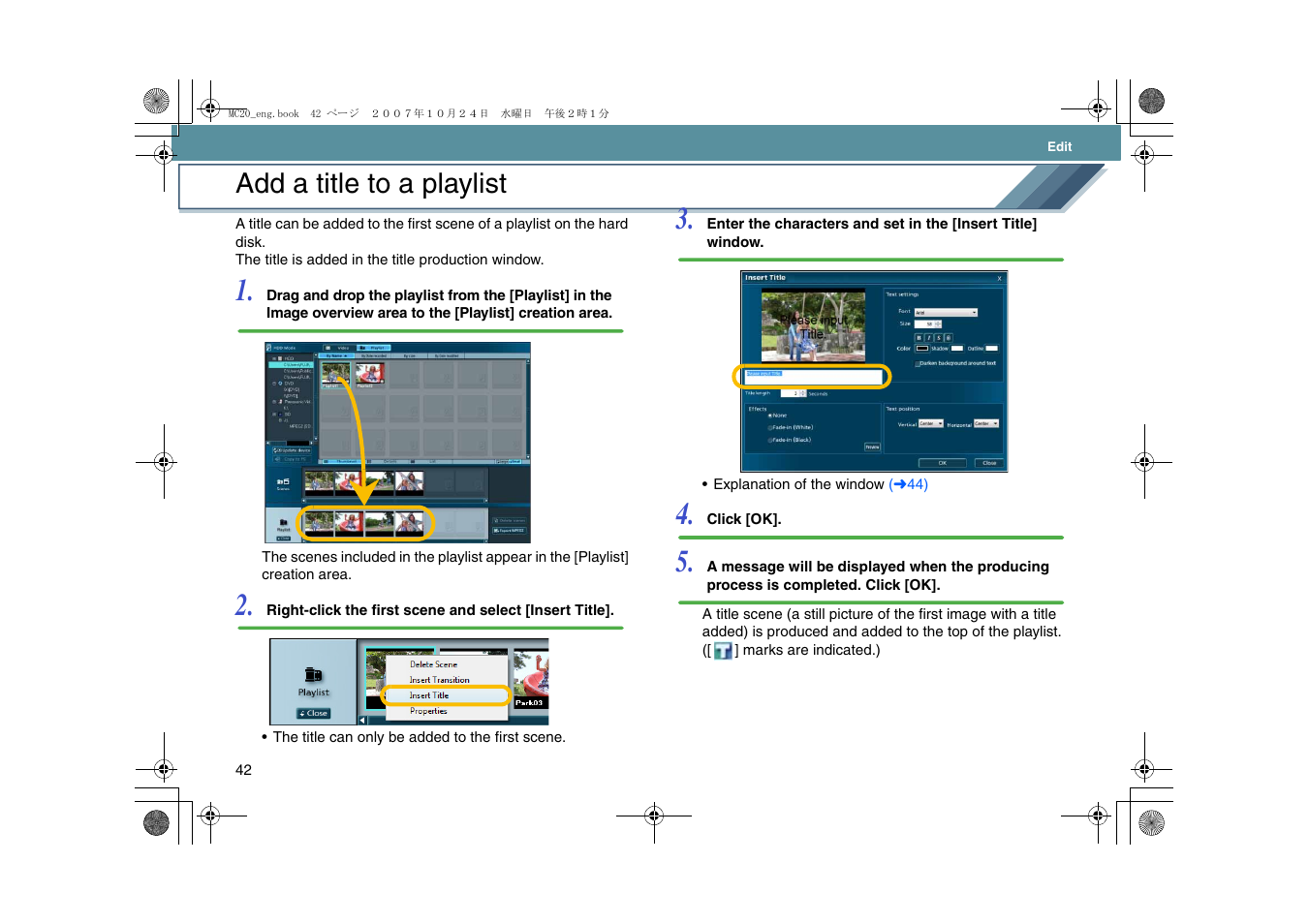 Add a title to a playlist, L42), And add | Panasonic VideoCam Suite 1.0 User Manual | Page 42 / 95