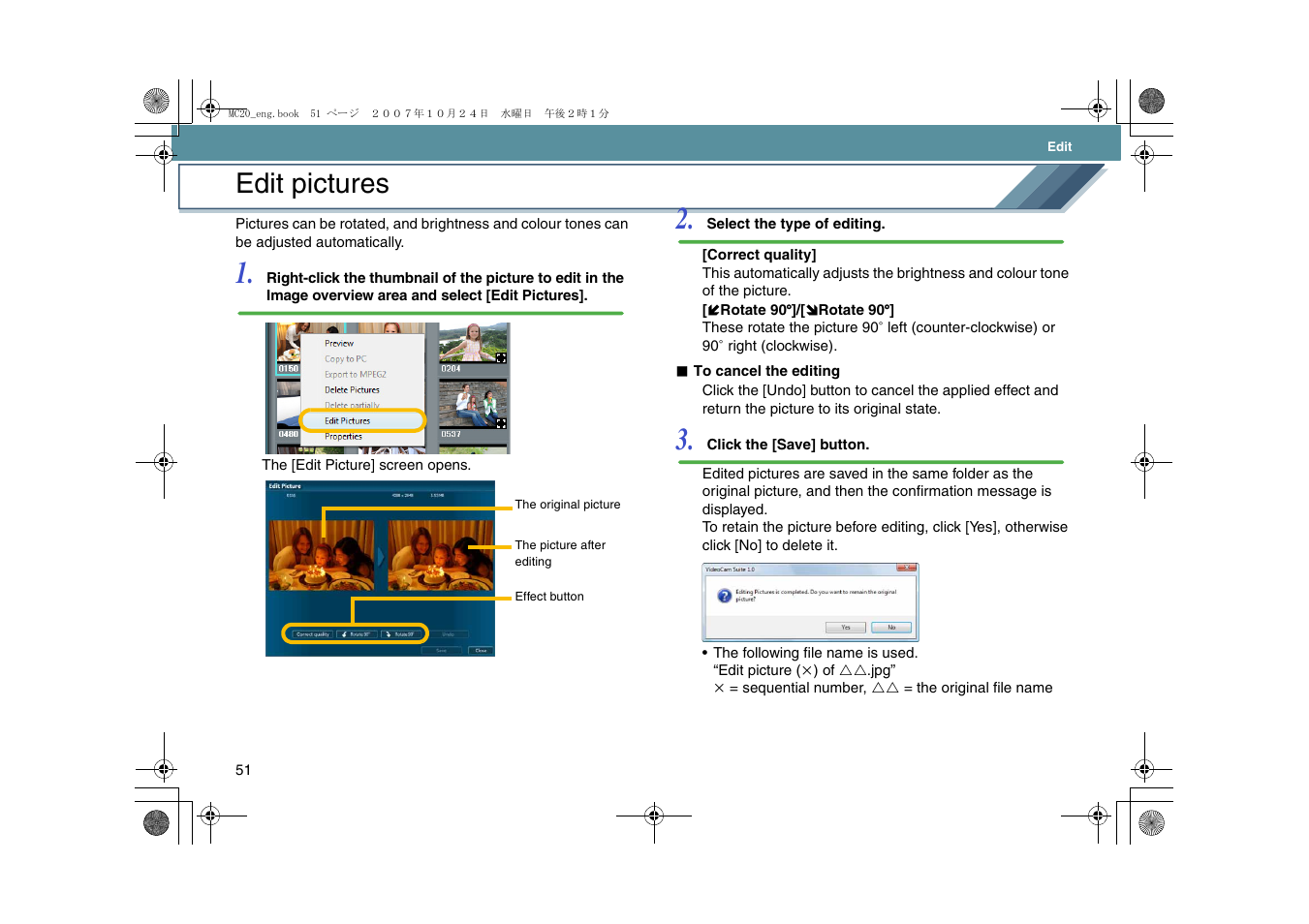 Edit pictures, L51) | Panasonic VideoCam Suite 1.0 User Manual | Page 51 / 95