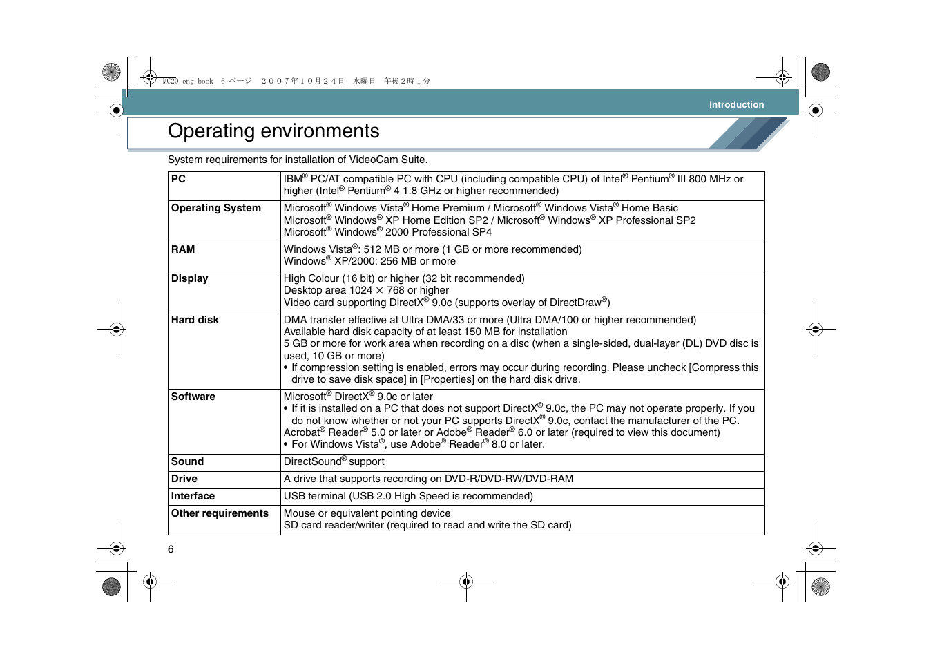 Operating environments | Panasonic VideoCam Suite 1.0 User Manual | Page 6 / 95