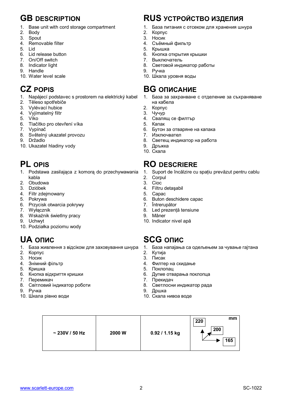 Ua scg | Scarlett SC-1022 User Manual | Page 2 / 20