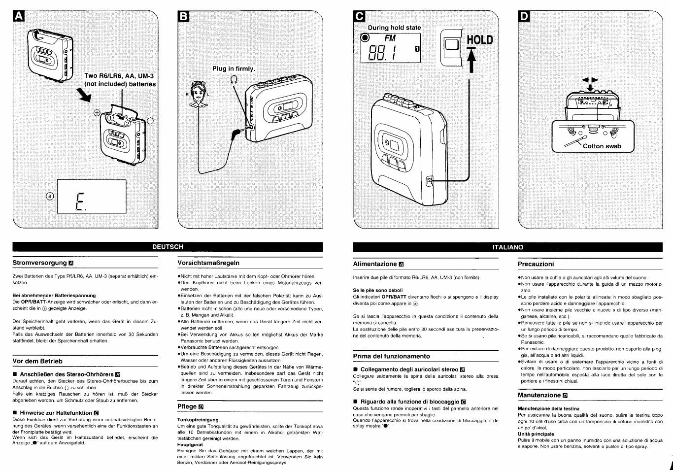 Two r6/lr6, aa, um-3 (not included) batteries, Plug in firmly, During hold state | Cotton swab, Deutsch, Stromversorgung e, Bei abnehmender batteriespannung, Vor dem betrieb, Anschließen des stereo-ohrhörers ei, Hinweise zur haitefunktion b | Panasonic RQ-E10V User Manual | Page 2 / 4
