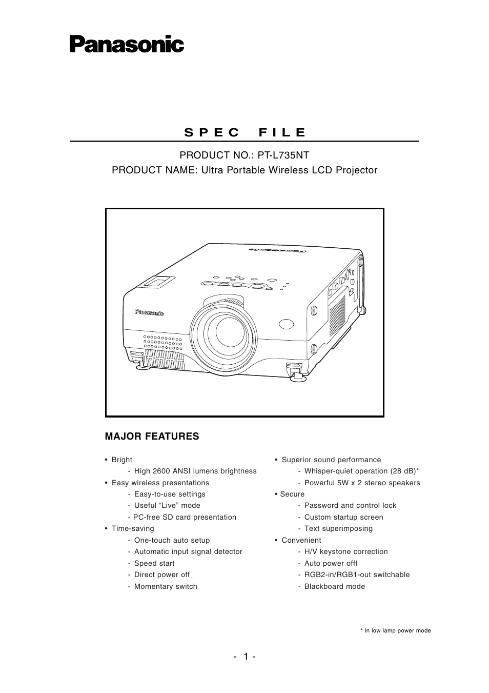 Panasonic PT-L735NTE User Manual | 5 pages