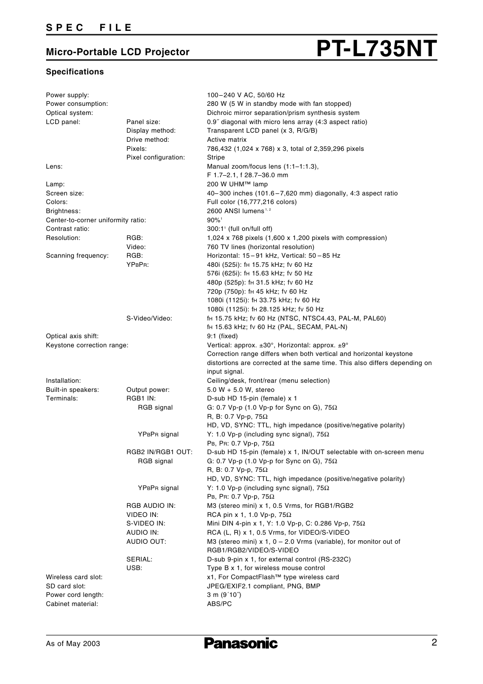 Specifications, Pt-l735nt | Panasonic PT-L735NTE User Manual | Page 2 / 5