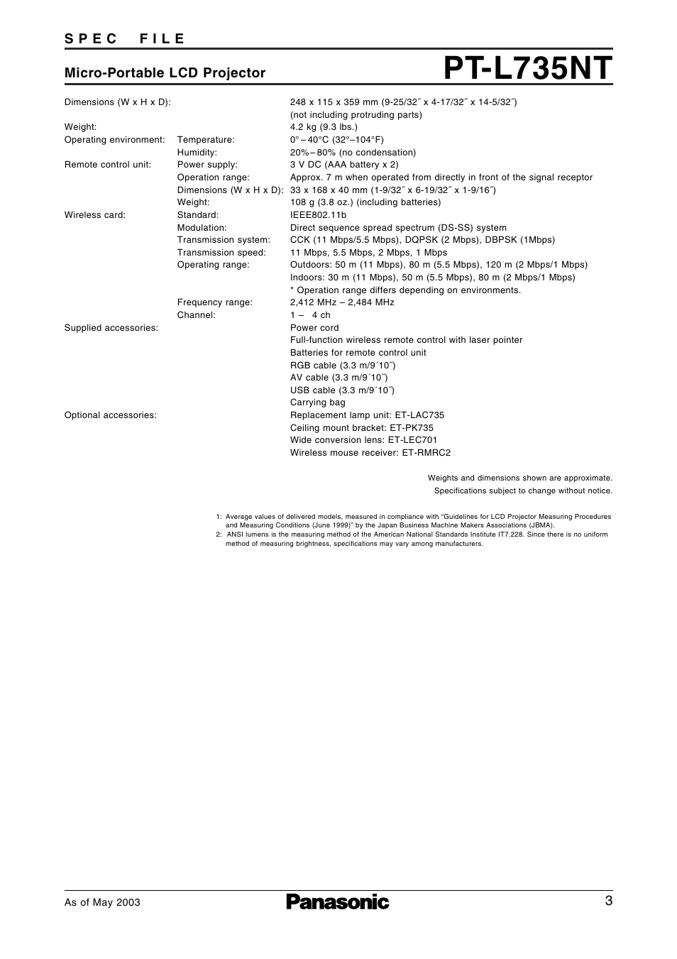 Pt-l735nt | Panasonic PT-L735NTE User Manual | Page 3 / 5