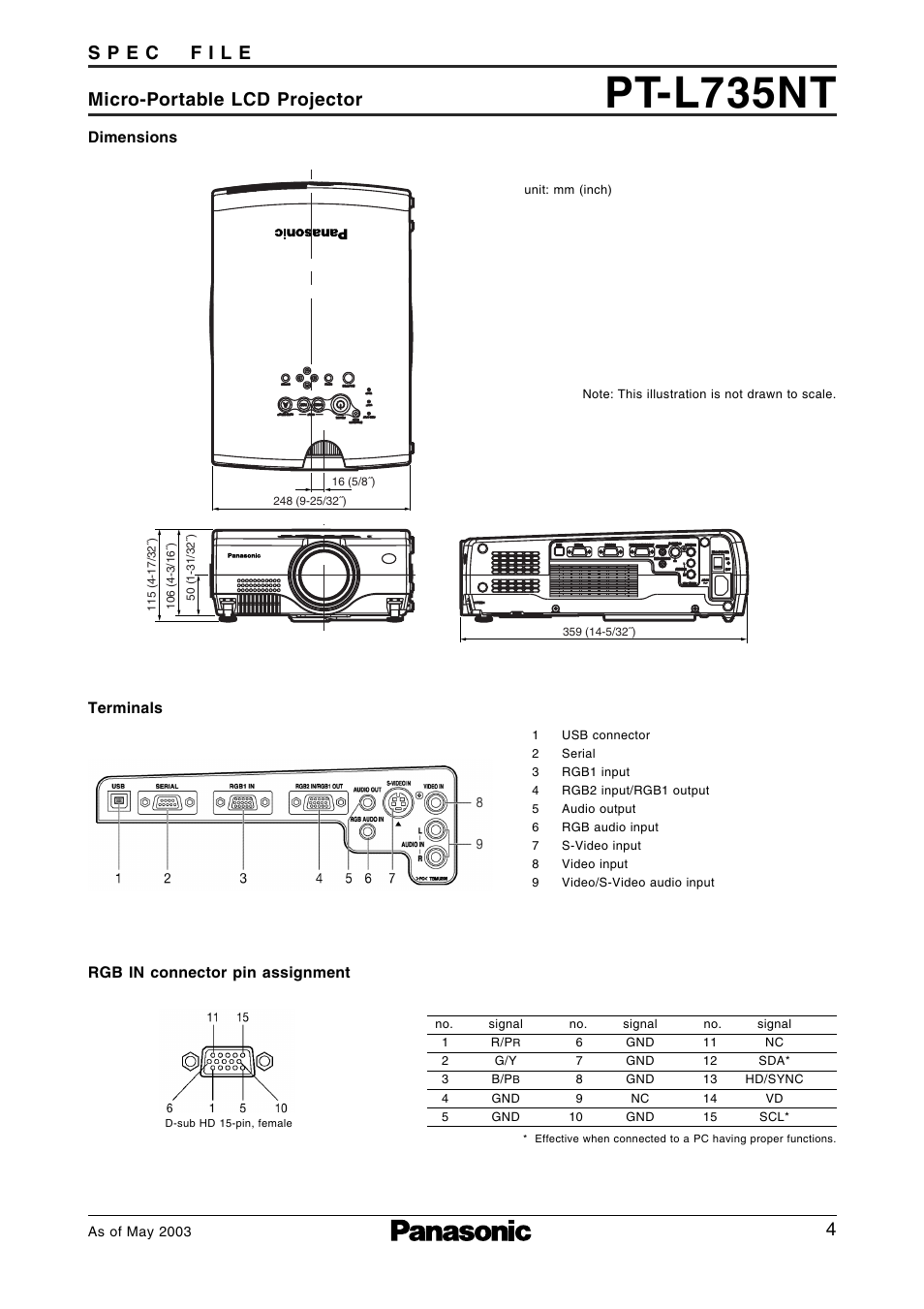 Dimensions, Pt-l735nt | Panasonic PT-L735NTE User Manual | Page 4 / 5