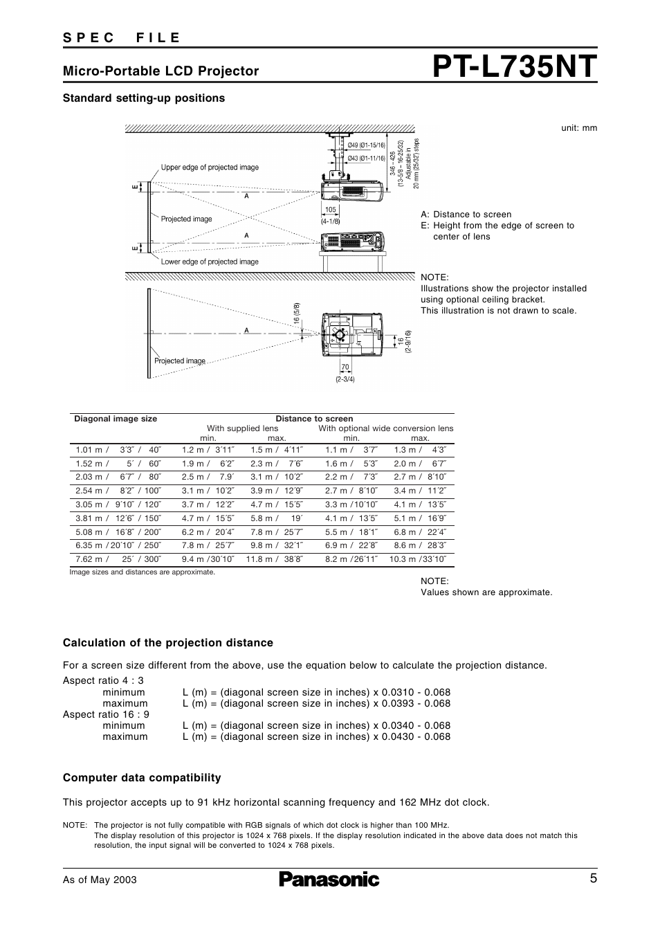 Throw distance, Pt-l735nt | Panasonic PT-L735NTE User Manual | Page 5 / 5
