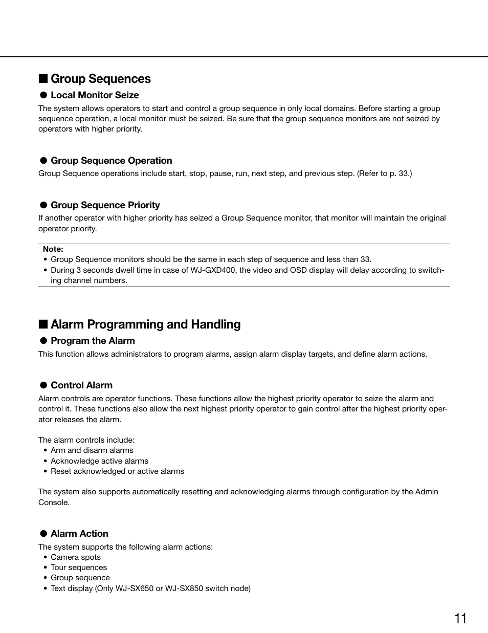 Group sequences, Local monitor seize, Group sequence operation | Group sequence priority, Alarm programming and handling, Program the alarm, Control alarm, Control alarm action | Panasonic WV-ASC970 - User Manual | Page 11 / 49