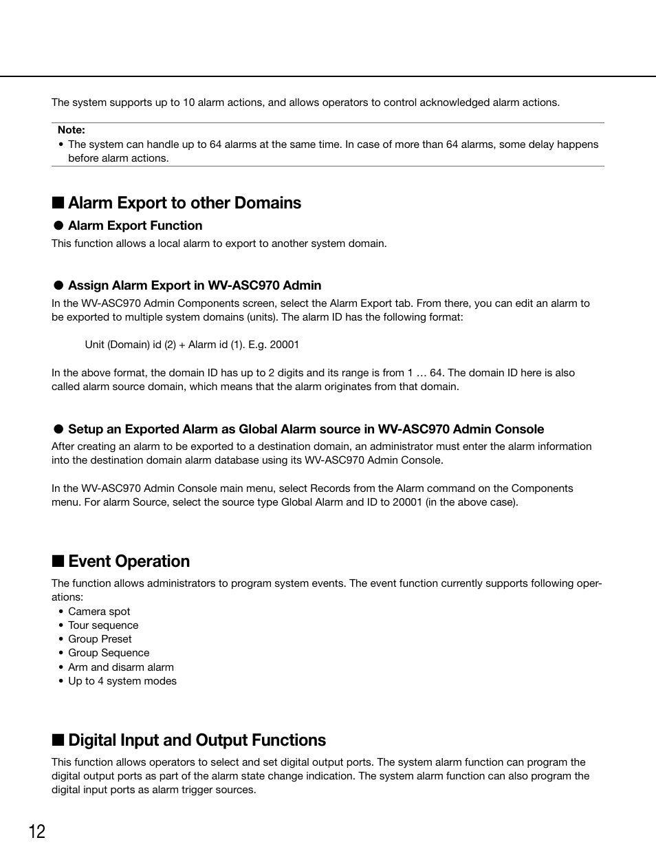 Alarm export to other domains, Alarm export function, Assign alarm export in wv-asc970 admin | Event operation, Digital input and output functions | Panasonic WV-ASC970 - User Manual | Page 12 / 49