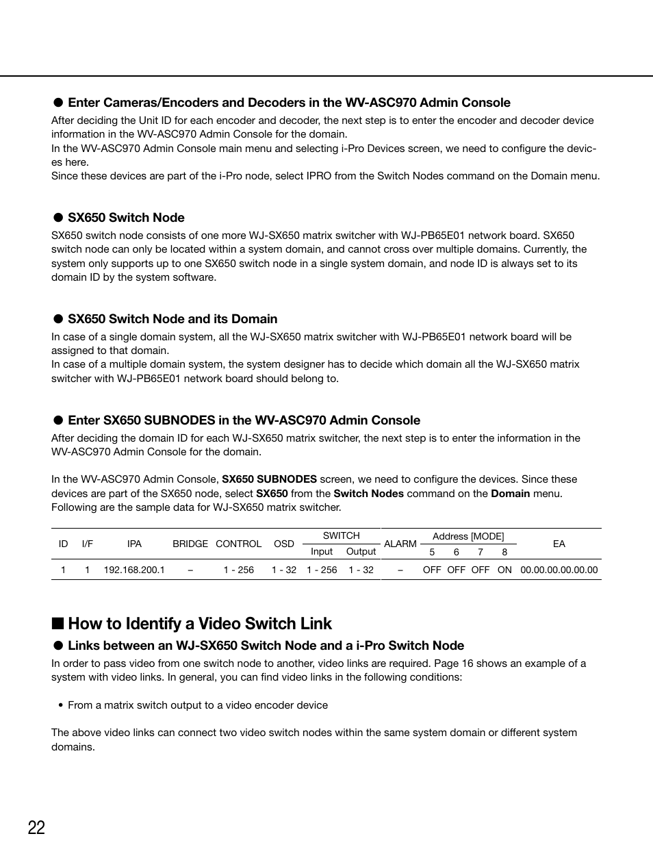 How to identify a video switch link, Links between two sx650 switch nodes | Panasonic WV-ASC970 - User Manual | Page 22 / 49