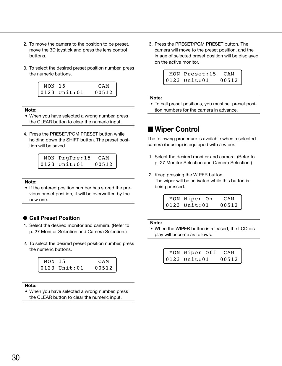 Call preset position, Wiper control | Panasonic WV-ASC970 - User Manual | Page 30 / 49