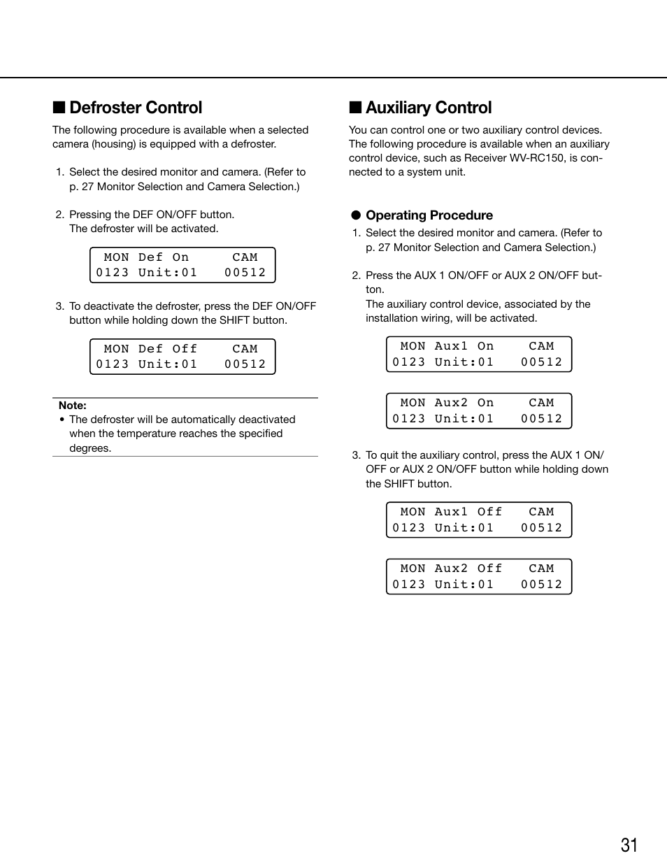 Defroster control, Auxiliary control, Operating procedure | Panasonic WV-ASC970 - User Manual | Page 31 / 49