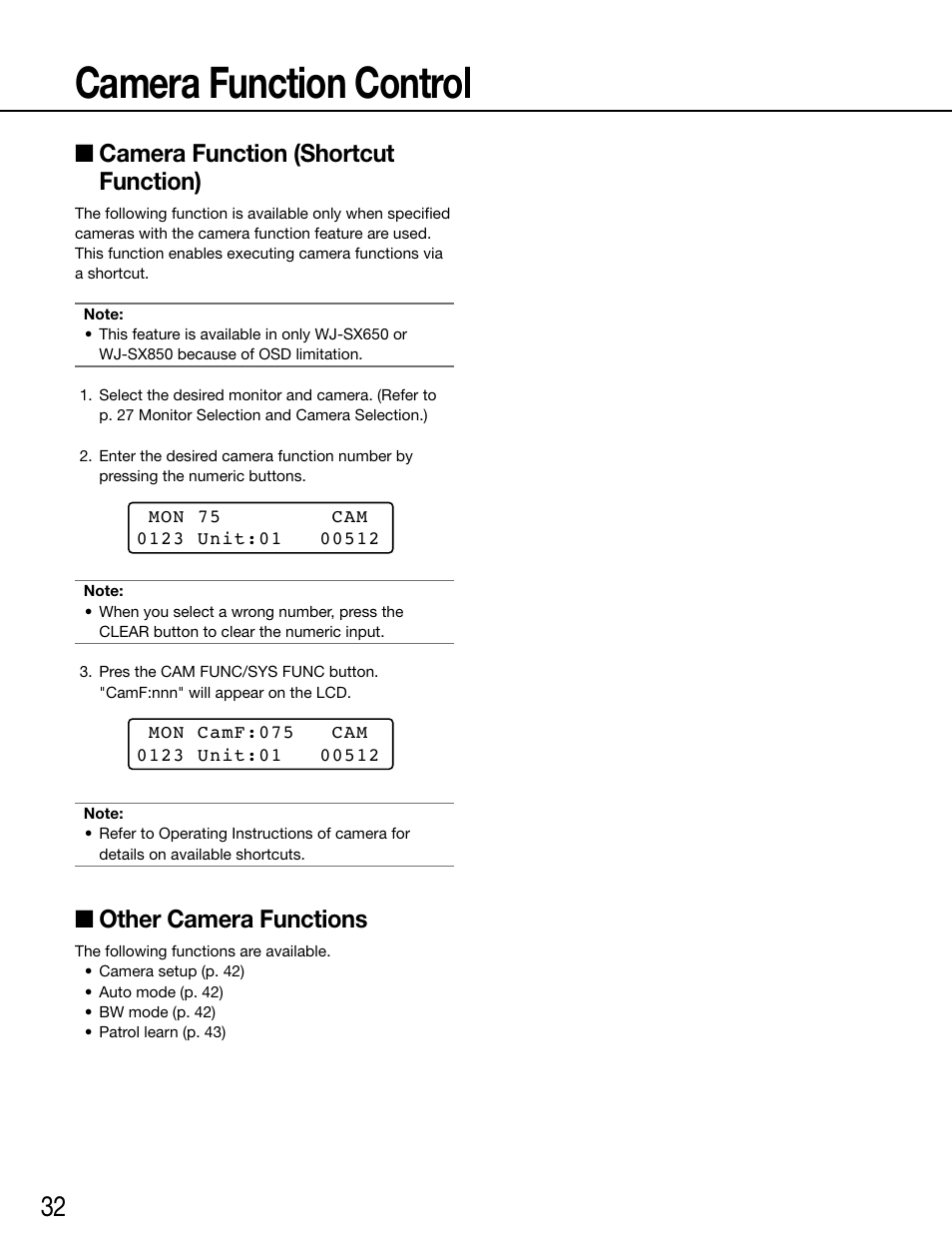 Camera function control, Camera function (shortcut function), Other camera functions | Panasonic WV-ASC970 - User Manual | Page 32 / 49