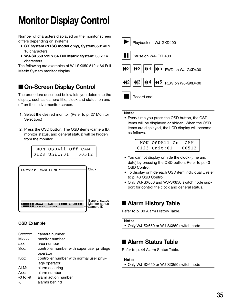 Monitor display control, On-screen display control, Alarm history table | Alarm status table | Panasonic WV-ASC970 - User Manual | Page 35 / 49