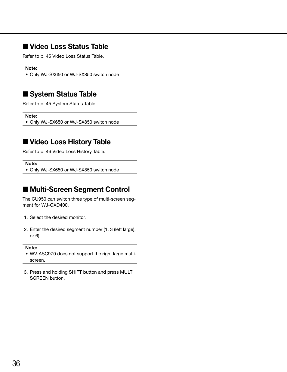 Video loss status table, System status table, Video loss history table | Multi-screen segment control | Panasonic WV-ASC970 - User Manual | Page 36 / 49