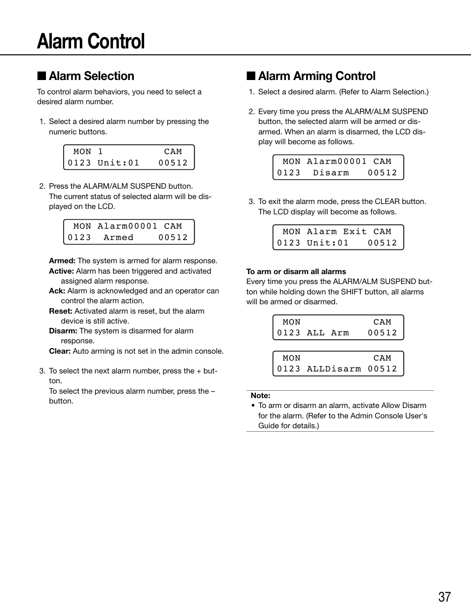 Alarm control, Alarm selection, Alarm arming control | Panasonic WV-ASC970 - User Manual | Page 37 / 49