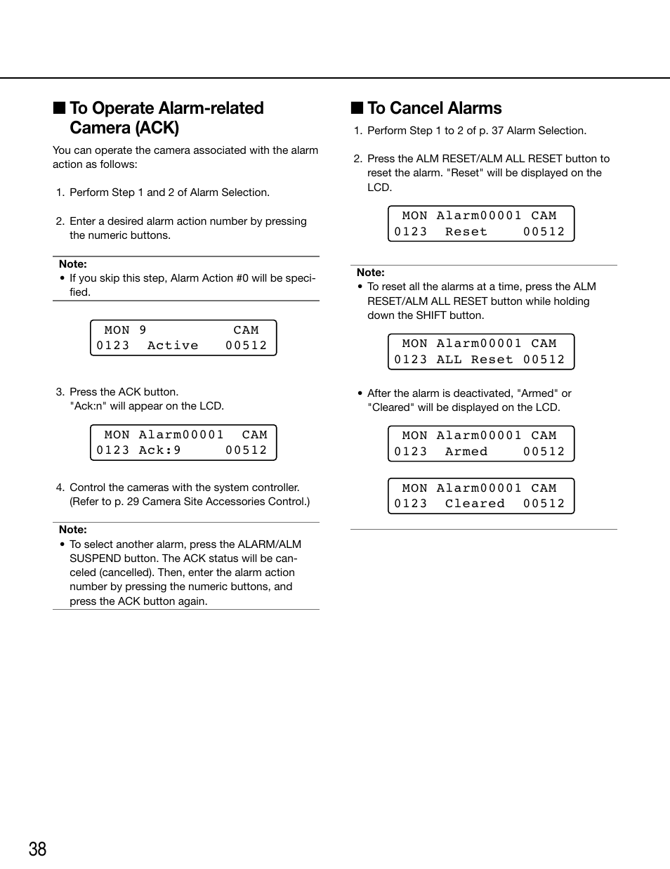 To operate alarm-related camera (ack), To cancel alarms | Panasonic WV-ASC970 - User Manual | Page 38 / 49