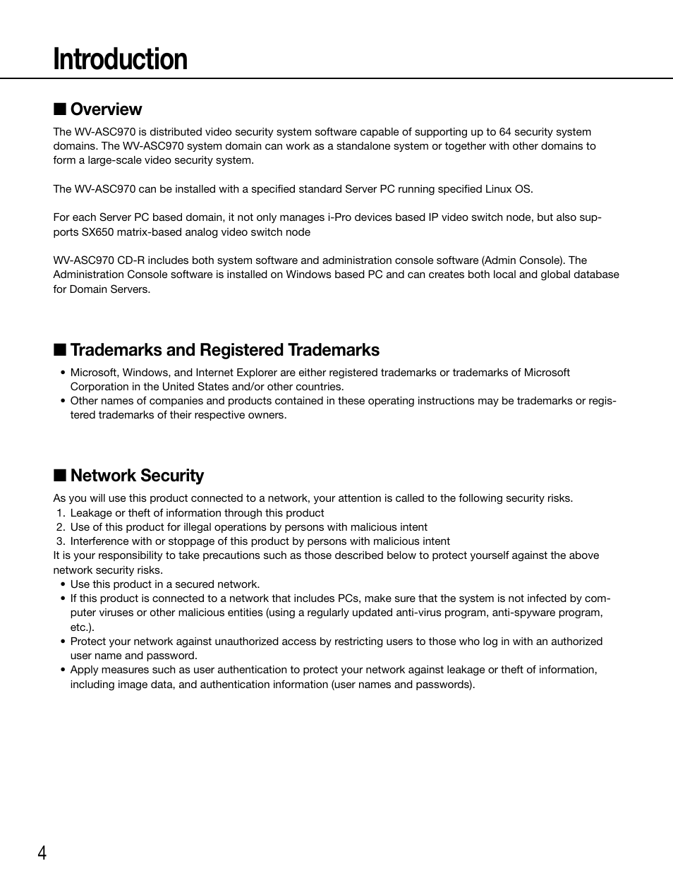 Introduction, Overview, Trademarks and registered trademarks | Network security | Panasonic WV-ASC970 - User Manual | Page 4 / 49