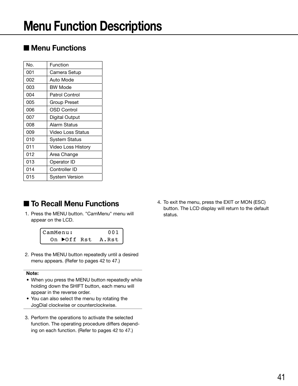 Menu function descriptions, Menu functions, To recall menu functions | Panasonic WV-ASC970 - User Manual | Page 41 / 49