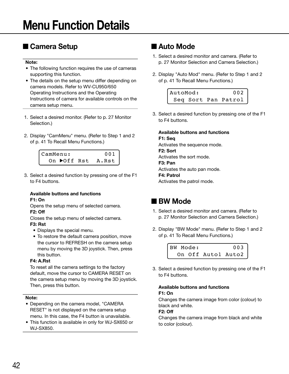 Menu function details, Camera setup, Auto mode | Bw mode | Panasonic WV-ASC970 - User Manual | Page 42 / 49