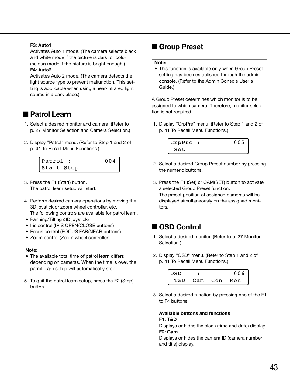 Patrol learn, Group preset, Osd control | Panasonic WV-ASC970 - User Manual | Page 43 / 49