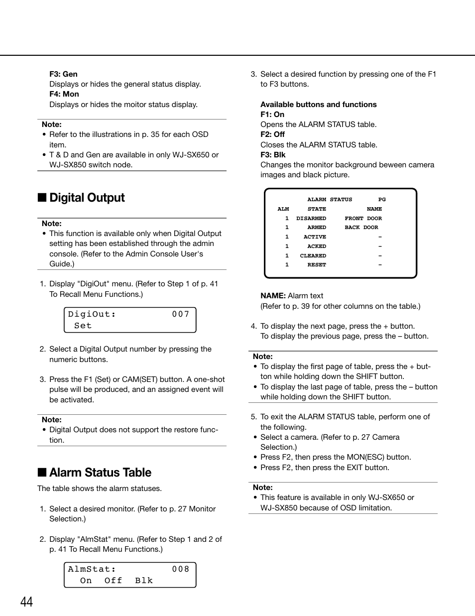 Digital output, Alarm status table | Panasonic WV-ASC970 - User Manual | Page 44 / 49