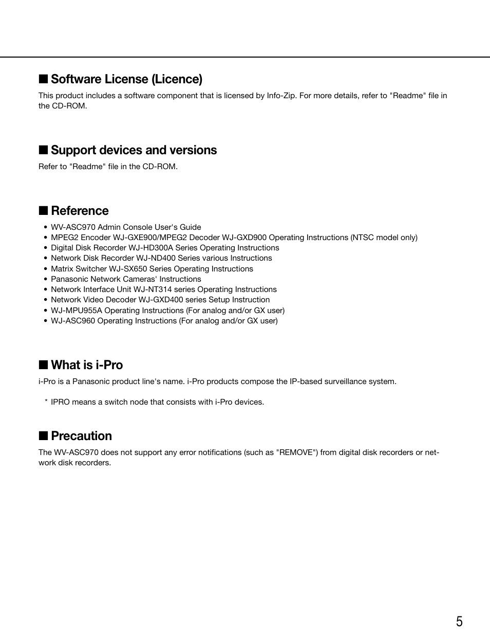 Software license (licence), Support devices and versions, Reference | What is i-pro, Precaution | Panasonic WV-ASC970 - User Manual | Page 5 / 49