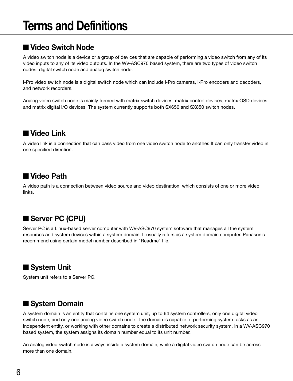 Terms and definitions, Video switch node, Video link | Video path, Server pc (cpu), System unit, System domain | Panasonic WV-ASC970 - User Manual | Page 6 / 49