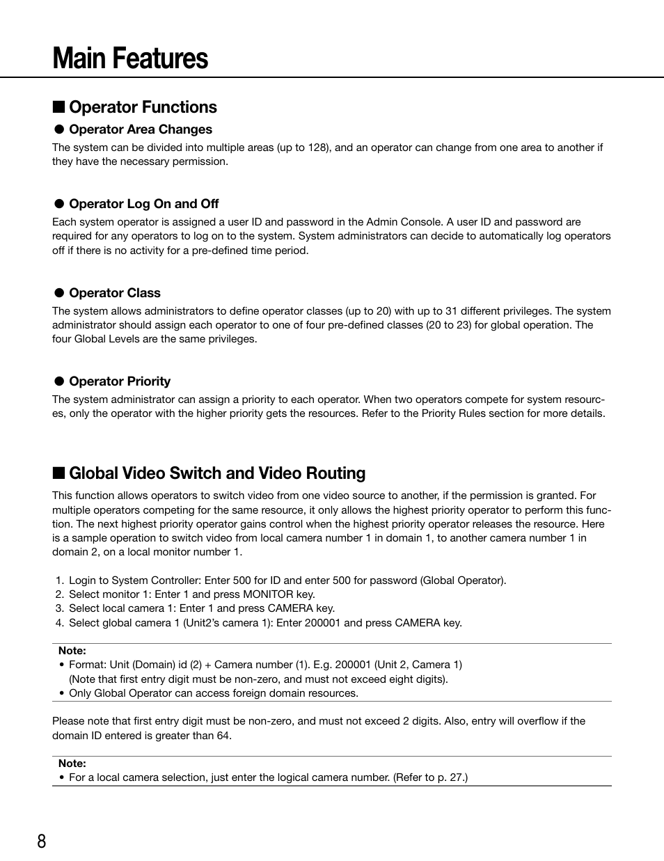 Main features, Operator functions, Operator area changes | Operator log on and off, Operator class, Operator priority, Global video switch and video routing | Panasonic WV-ASC970 - User Manual | Page 8 / 49