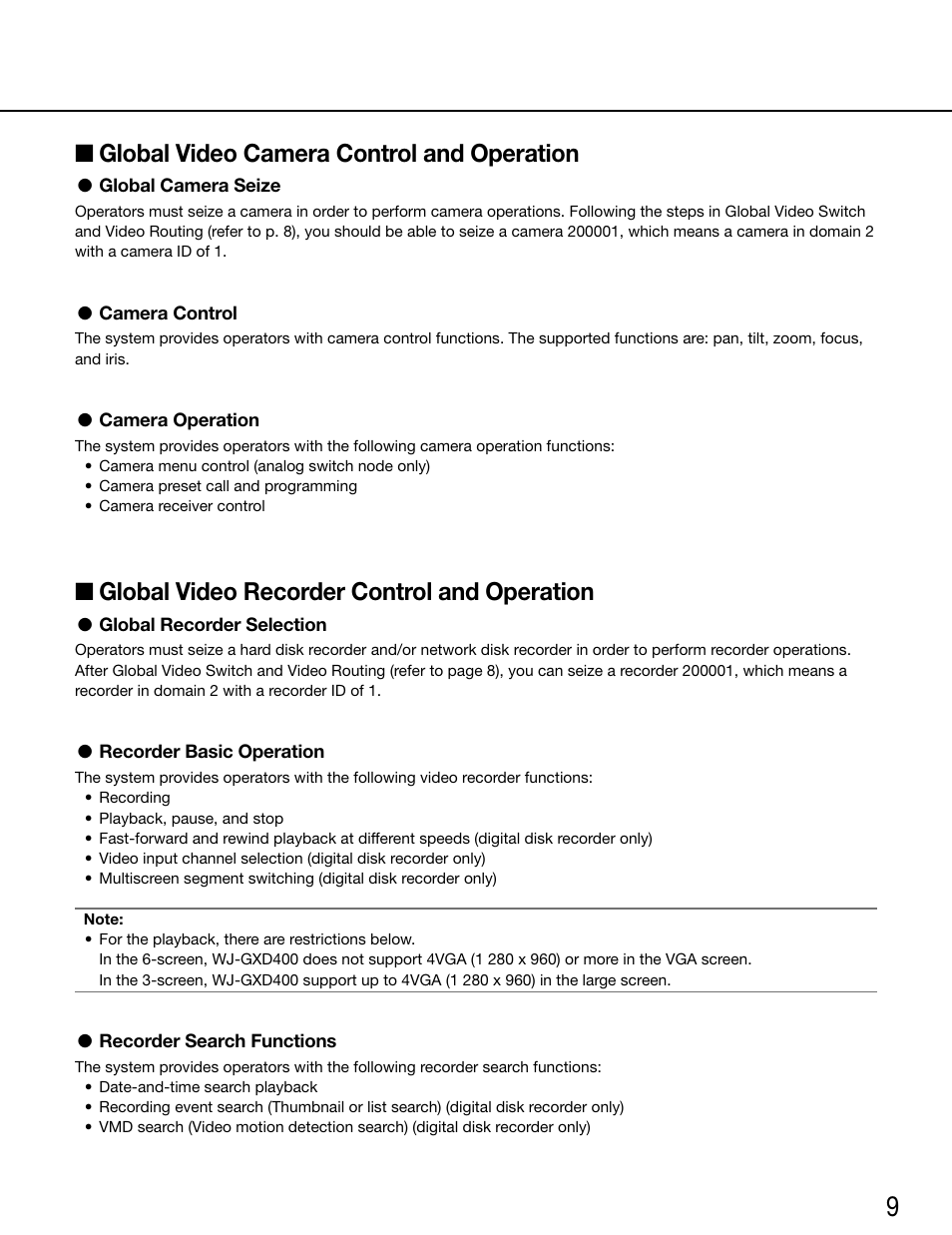 Global video camera control and operation, Global camera seize, Camera control | Camera operation, Global video recorder control and operation, Global recorder selection, Recorder basic operation, Recorder search functions | Panasonic WV-ASC970 - User Manual | Page 9 / 49