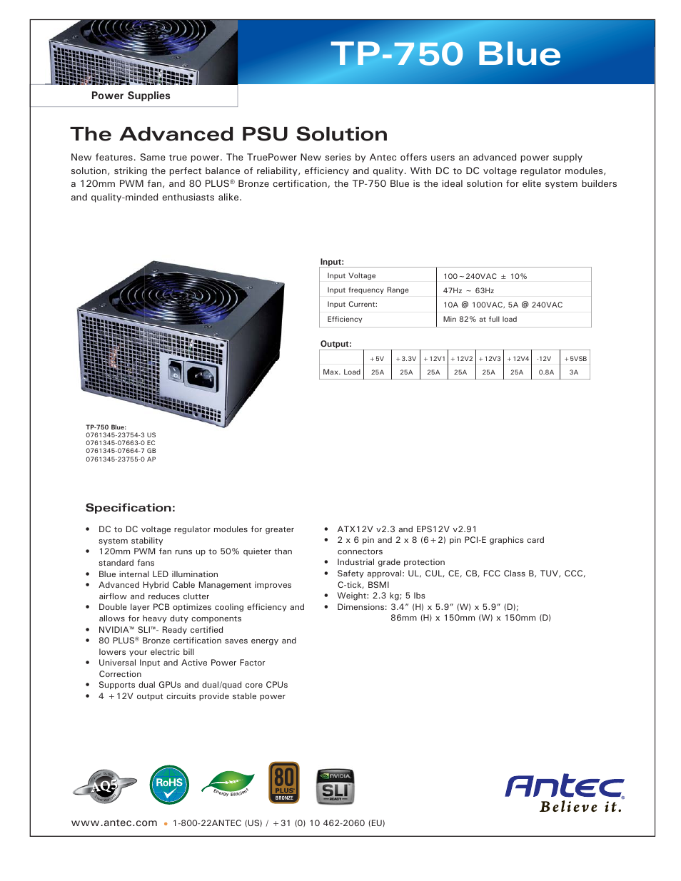 Antec TP-750 Blue User Manual | 1 page