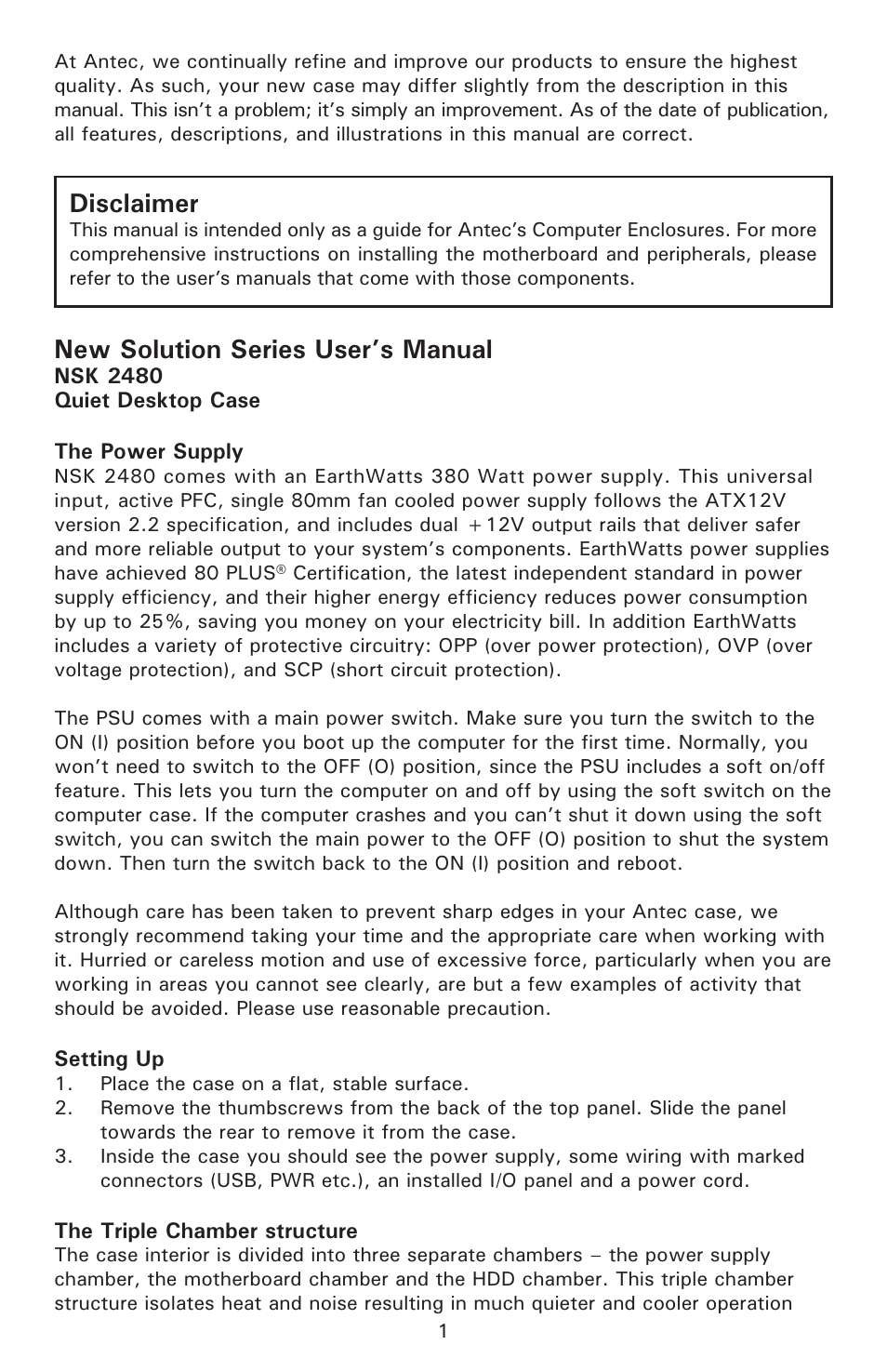 New solution series user’s manual, Disclaimer | Antec New Solution Series User Manual | Page 2 / 8