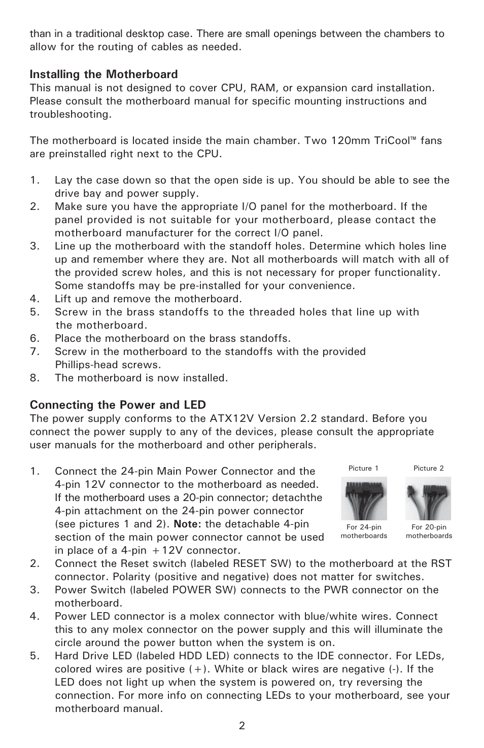 Installing the motherboard, Connecting the power and led | Antec New Solution Series User Manual | Page 3 / 8