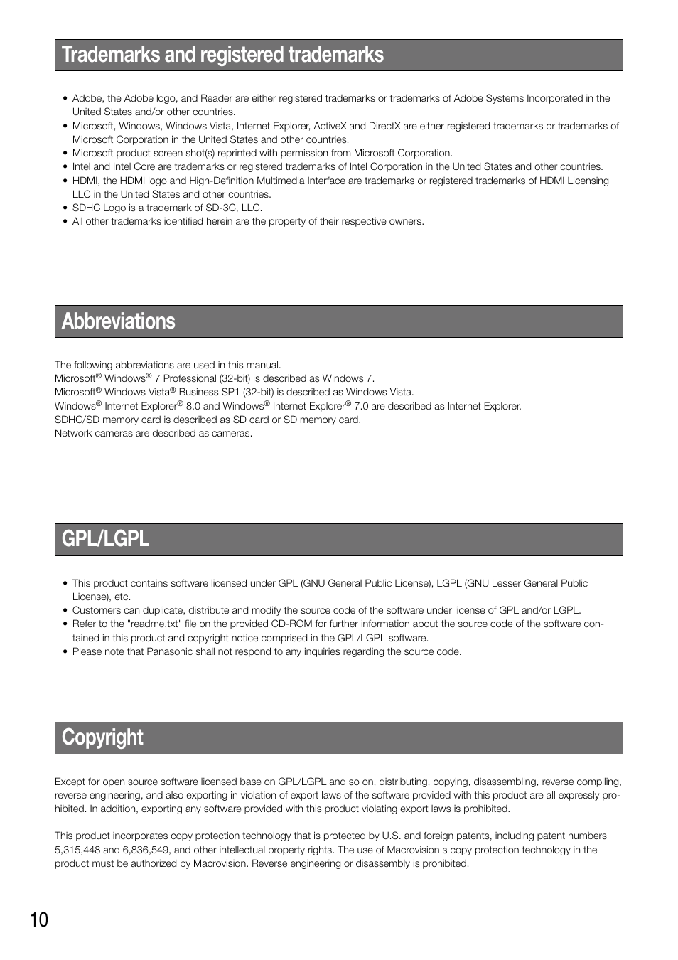 Trademarks and registered trademarks abbreviations, Copyright, Gpl/lgpl | Panasonic WJ-NV200 - User Manual | Page 10 / 94