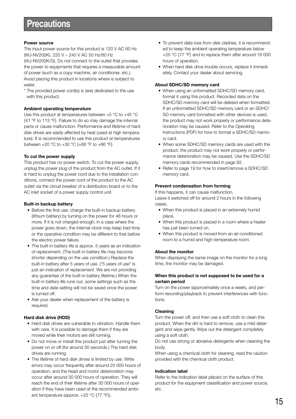 Precautions | Panasonic WJ-NV200 - User Manual | Page 15 / 94