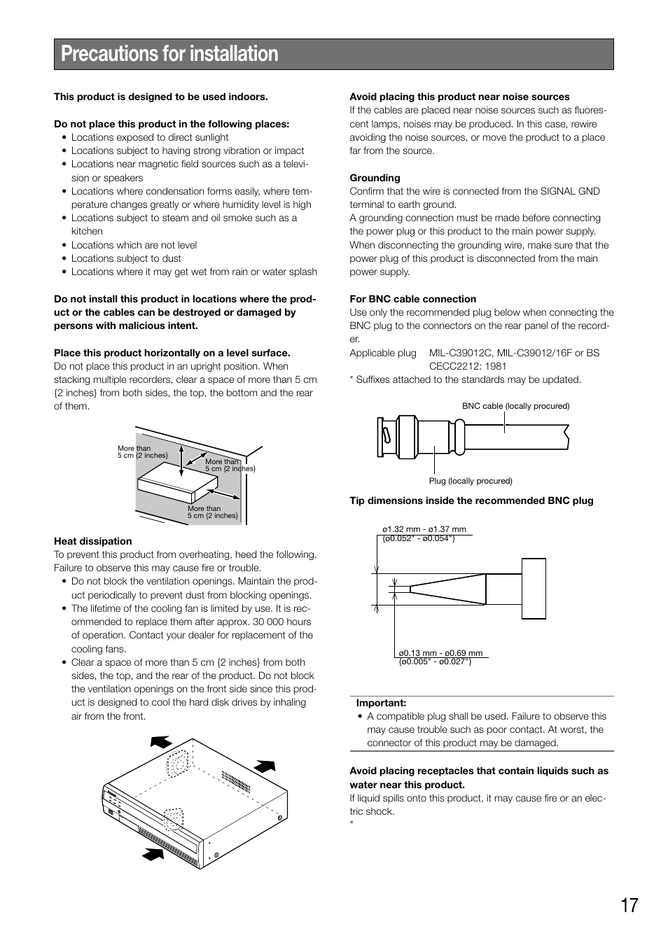 Precautions for installation | Panasonic WJ-NV200 - User Manual | Page 17 / 94